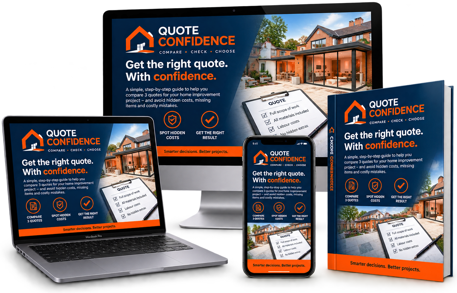 Quote Confidence shown across a monitor, laptop, phone, tablet and the guide cover